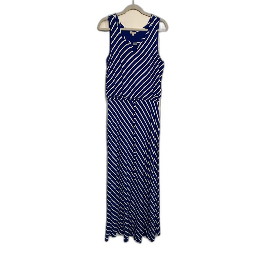 Talbots Women Dress LP Blue White Stripe Maxi Sleeveless Drawstring Waist Beach